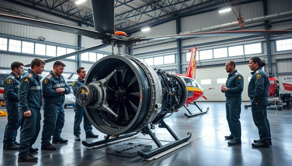 A well-equipped aircraft maintenance hangar, brightly lit with natural and artificial lighting. A group of trainees, dressed in aviation maintenance uniforms, intently focus on a disassembled helicopter engine, studying its intricate components under the guidance of an experienced instructor. The scene conveys a sense of learning, dedication, and the importance of thorough preparation for a career as an EMS helicopter pilot with leading OEM-backed employers.