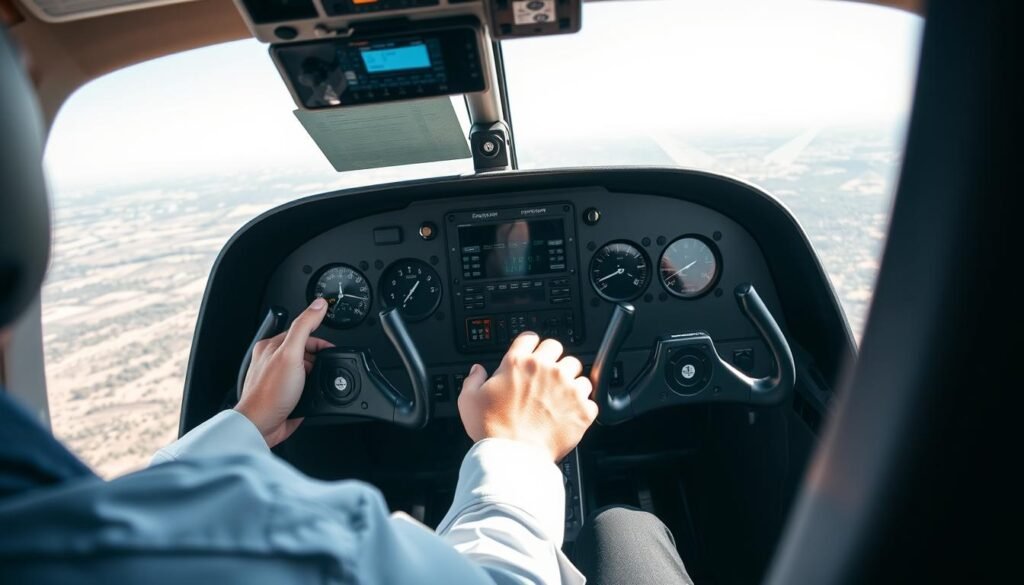 A well-equipped, modern helicopter cockpit with a pilot's perspective. The instrument panel is clearly visible, featuring a range of digital displays, knobs, and controls. Bright, natural lighting floods the cabin, creating a sense of clarity and focus. The pilot's hands are poised on the cyclic and collective controls, ready to navigate the aircraft. In the background, a partially visible windscreen offers a glimpse of the exterior landscape, hinting at the expansive world awaiting the pilot's exploration. The overall scene conveys a professional, immersive, and aspirational atmosphere for those considering a helicopter pilot program.