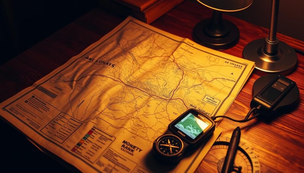 A well-worn leather-bound aviation map, its pages marked with hand-drawn routes and notations, lies open on a sturdy wooden desk. Beside it, a compact handheld GPS device, its screen illuminated with topographic details. Nearby, a compass rests on a protractor, its needle steadily pointing north. The dim, warm glow of a desk lamp casts a soft light, casting shadows that accentuate the textures and details of the navigation tools. The overall scene conveys a sense of meticulous planning, experience, and a reverence for the timeless art of navigation.