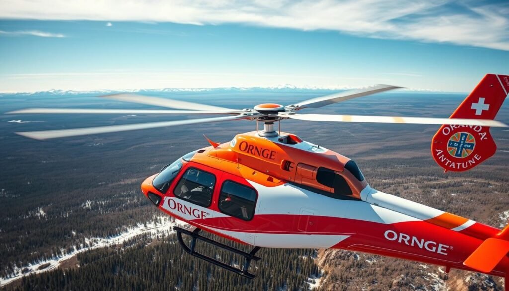 An Ornge air ambulance helicopter soaring over the rugged Canadian landscape, its sleek red-and-white body gleaming in the bright sunlight. The aircraft's advanced medical equipment and trained crew are visible through the large windows, conveying a sense of urgency and lifesaving capability. In the background, a vast expanse of boreal forest and distant snow-capped peaks create a majestic, wilderness-inspired setting. The scene is captured with a wide-angle lens, emphasizing the helicopter's size and the grandeur of the environment. The mood is one of professionalism, efficiency, and the critical role air medical transport plays in remote regions.