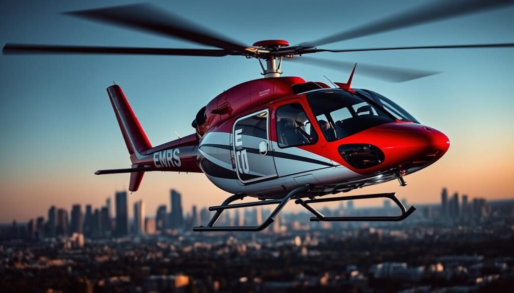 An ems helicopter hovering over a medical emergency scene, its rotors casting dramatic shadows on the ground below. The aircraft is sleek and modern, painted in a bold red and white livery that commands attention. The cockpit is bathed in soft, diffused lighting, with the pilot's hands visible on the controls. In the background, a bustling city skyline fades into the distance, suggesting the helicopter's role in rapid transport and response. The overall mood is one of urgency, professionalism, and technological sophistication - qualities that would appeal to those seeking the best EMS helicopter training programs.