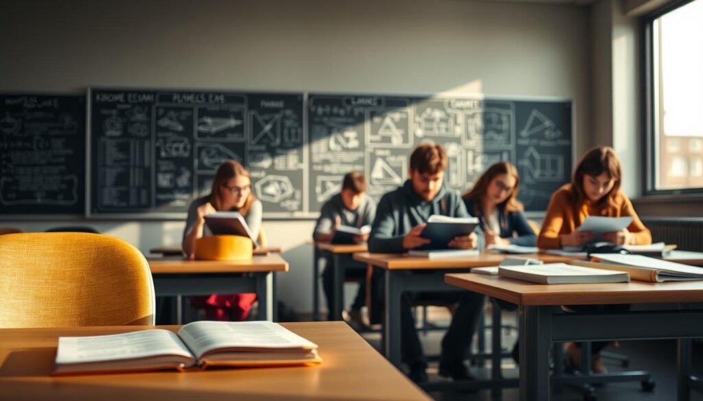 An expertly-lit classroom with a desk, chair, and textbooks in the foreground, representing the practical exam setting. In the middle ground, a group of students earnestly studying and taking notes, their faces focused with determination. The background showcases a large chalkboard or whiteboard, filled with diagrams and formulas related to aviation theory and flight mechanics. Soft, natural lighting filters in through large windows, creating a serene, contemplative atmosphere. The scene conveys the dedicated preparation and diligent practice required to successfully pass the knowledge and practical exams for obtaining a SAR helicopter pilot license.
