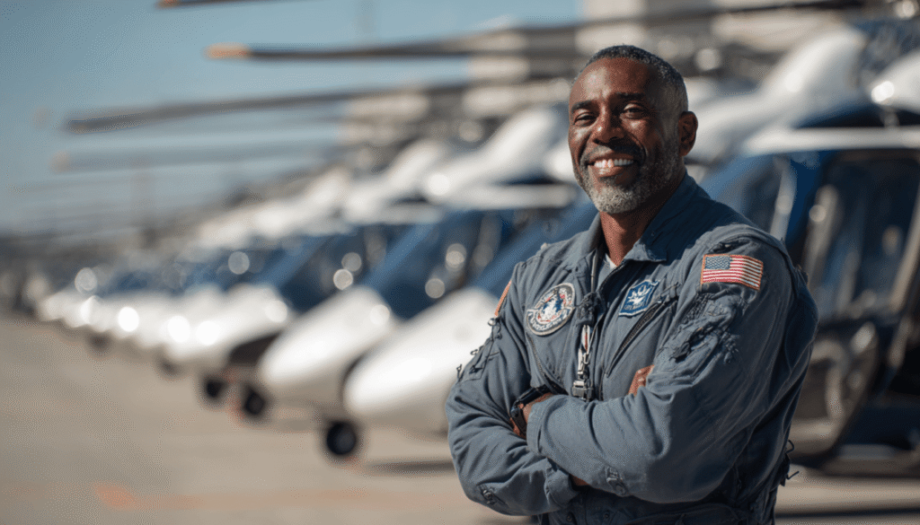 A confident, experienced Air Methods helicopter pilot in a branded flight suit, representing the career professionalism and competitive salary expectations at a leading EMS provider.