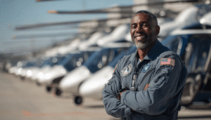 A confident, experienced Air Methods helicopter pilot in a branded flight suit, representing the career professionalism and competitive salary expectations at a leading EMS provider.