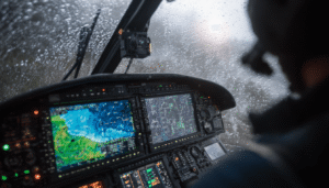 A pilot's-eye view from the cockpit of an Air Methods helicopter, showing the advanced glass-panel avionics and navigation systems used during a night mission.