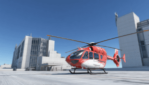 A pristine Air Methods helicopter with its iconic red and white livery parked on a modern hospital helipad, representing the professional standards and critical infrastructure of a leading air medical service.

