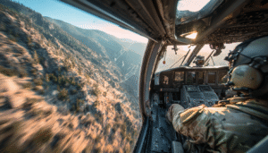 A U.S. Army UH-60 Black Hawk helicopter flies low over rugged terrain during a training mission, showcasing the high-skill environment that builds a pilot's value.