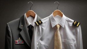 A symbolic side-by-side comparison of a U.S. Army pilot's dress uniform jacket and a civilian pilot's shirt with epaulets, representing the transition from a military to a commercial helicopter career.