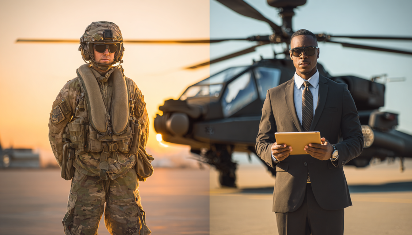 Side-by-side illustration comparing the career paths of a U.S. Army helicopter pilot and a civilian commercial helicopter pilot, featuring an AH-64 Apache on a military tarmac versus an AW139 on a luxury corporate helipad.
