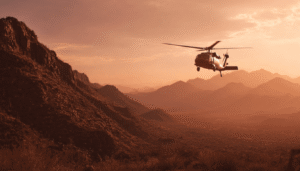 A U.S. Border Patrol helicopter, such as a Black Hawk, conducting an aerial surveillance mission low over a vast, remote desert landscape at dawn.


