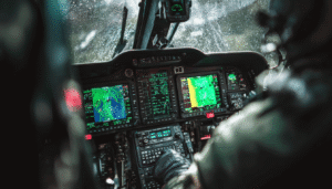 A view from inside a Border Patrol helicopter cockpit at night, focusing on a thermal imaging screen displaying heat signatures of people and vehicles in a remote area, showcasing the advanced technology used in surveillance missions.