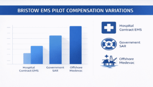 EMS helicopter pilots in flight, their faces determined and focused as they navigate the skies. The aircraft, a sleek and advanced model, hovers gracefully against a backdrop of cloudy skies and distant mountains. The pilots' uniforms are crisp and professional, their hands steady on the controls. The scene is illuminated by natural light, creating a dramatic interplay of shadows and highlights that accentuate the pilots' features. The overall mood is one of urgency and competence, capturing the essence of the vital role these individuals play in emergency medical services. An infographic showing Bristow EMS pilot compensation varies between Hospital Contract EMS, Government Search-and-Rescue (SAR), and Offshore Medevac sectors, illustrated with a bar chart and icons.