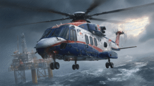 A Bristow helicopter, such as a Sikorsky S-92, flying a transport mission to an offshore oil rig in a demanding environment over the open ocean.
