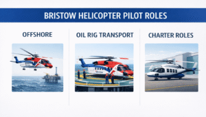 A tranquil offshore oil rig against a golden sunset sky, with a sleek Bristow Helicopter descending gracefully to land, its rotors casting dramatic shadows across the glistening waves. The pilot's cockpit is illuminated by soft, warm lighting, hinting at the specialized skills and responsibilities of navigating these challenging maritime environments. The scene evokes a sense of professionalism, technical prowess, and the essential role these offshore pilots play in transporting workers and supplies to remote locations. The composition emphasizes the scale and complexity of the offshore operations, with the rig and helicopter serving as the focal points in a harmonious, cinematic landscape. Infographic illustrating the three main Bristow pilot roles: Offshore transport to oil rigs, dedicated oil rig crew change operations, and executive charter services.