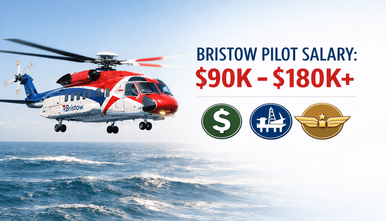 Bristow Helicopters Salary Breakdown: Offshore & Charter Pilot Pay 1 An infographic stating a Bristow Helicopters pilot salary range of $90,000 to over $180,000, featuring an S-92 aircraft and icons for salary, offshore operations, and flight.