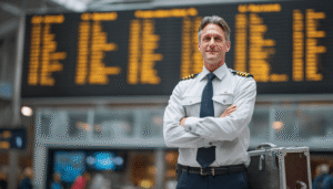 A confident Bristow pilot in a professional uniform in an international airport, representing the global career opportunities and high professional standards of a leading offshore and SAR aviation company.