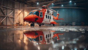 A Bristow search-and-rescue (SAR) helicopter, such as an AW189, undergoing pre-flight checks in a hangar, demonstrating the high-level readiness and professionalism required for critical government-contracted operations.