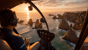 A professional corporate charter helicopter pilot in a tailored uniform with epaulets, greeting clients on a private helipad, reflecting the high standards and premium service that justify elite compensation in the industry.