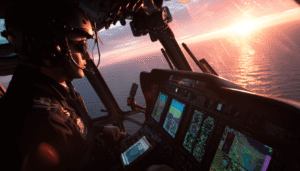 A view from behind an offshore helicopter pilot in the cockpit, focusing on the complex array of gauges and screens on the instrument panel during flight over water.