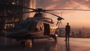 A corporate helicopter pilot in a tailored uniform conducts a pre-flight inspection of a sleek AgustaWestland AW139 on a pristine urban helipad at sunset, representing the high salary and elite lifestyle the career can provide.