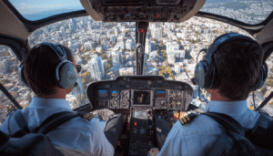 Two corporate helicopter pilots working together in the cockpit, demonstrating the teamwork and communication required for safe and efficient high-value transport operations.