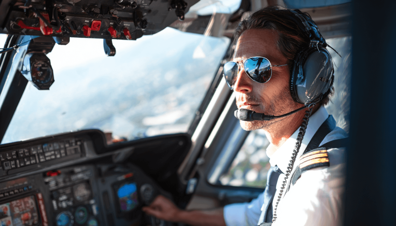 A professional corporate or offshore helicopter pilot turned in the cockpit, displaying a calm and confident demeanor while monitoring the instrument panel during flight.