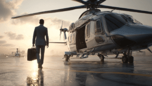 A corporate helicopter pilot walks across a private tarmac towards a luxurious Airbus H160 prepared for VIP boarding, symbolizing the top-tier pay and exclusivity of executive transport roles.