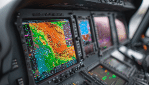 An extreme close-up of the sophisticated glass-panel avionics and navigation systems in a modern EMS helicopter cockpit, displaying weather radar, terrain mapping, and flight data, representing the advanced technology these pilots master.