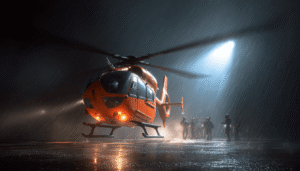 An EMS helicopter performs a dramatic night landing on a rain-slicked hospital helipad, its bright searchlight illuminating the surface as a medical team waits urgently below, showcasing the critical 24/7 readiness of the role.

