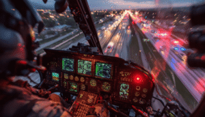 An EMS helicopter pilot's view from the cockpit during a critical medevac mission, showing hands on the controls while performing a precise hover over a chaotic highway accident scene at night, illuminated by emergency vehicle lights.