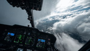 A pilot's-eye view from an EMS helicopter cockpit flying solely by instruments in zero visibility, with panels displaying advanced navigation data and weather radar, highlighting the critical Instrument Flight Rating (IFR) certification required for the role.