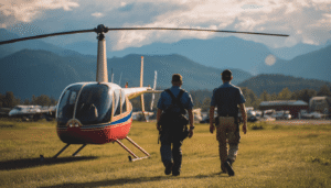 A helicopter flight instructor mentors a student pilot during a pre-flight walk-around inspection, pointing at a component on the Robinson R22 to teach essential safety procedures.