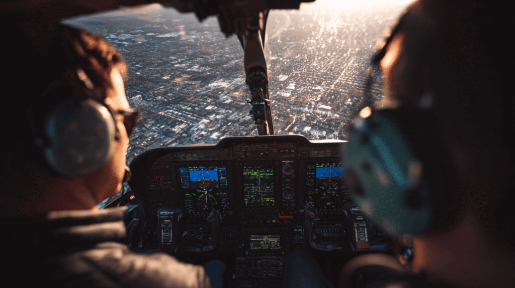A Certified Flight Instructor (CFI) in a helicopter cockpit points towards an instrument on the panel, actively teaching a student pilot during a hands-on flying lesson.