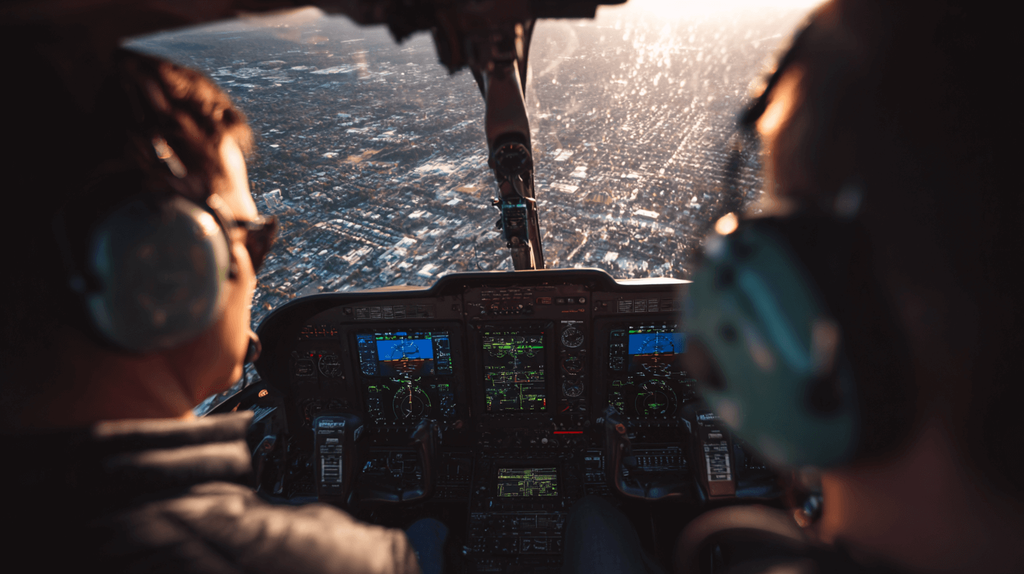 A Certified Flight Instructor (CFI) in a helicopter cockpit points towards an instrument on the panel, actively teaching a student pilot during a hands-on flying lesson.