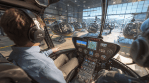 A helicopter flight instructor and student pilot inside the cockpit of an R44, parked inside a large hangar filled with other training helicopters at a flight school.