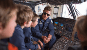 A helicopter flight instructor in the cockpit enthusiastically explains the controls to a group of fascinated children, inspiring the next generation of aviators through hands-on mentorship.