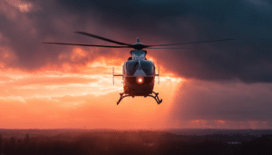 A helicopter flight instructor in the cockpit guides a student pilot through a precision hovering maneuver, demonstrating the high-skill instruction required for safe flight operations.

