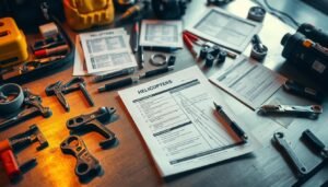 A helicopter pre-flight inspection checklist laid out on a workbench surrounded by specialized tools, symbolizing the meticulous preparation and procedures required for safe flight.
