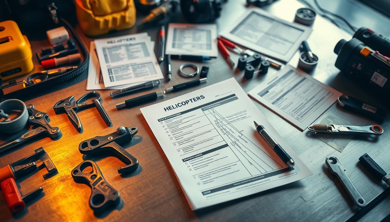 A helicopter pre-flight inspection checklist laid out on a workbench surrounded by specialized tools, symbolizing the meticulous preparation and procedures required for safe flight.