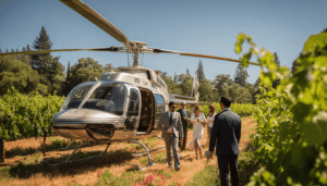 A luxury helicopter charter landed elegantly in a sun-drenched vineyard for an exclusive wine tour, showcasing the high-end clientele and premium experiences that command top pilot salaries.

