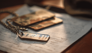 A composed still-life of a U.S. military pilot's gear: flight helmet, ID tags, and a paycheck stub next to a flight manual on a table, symbolizing the stable salary, benefits, and structured career path of an Army aviator.

