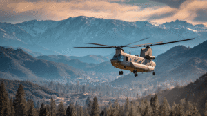 A National Guard CH-47 Chinook helicopter conducting low-level flight training through a mountainous region during annual exercises, demonstrating the high level of operational readiness maintained for state and federal missions.

