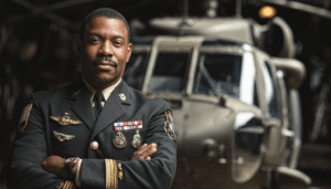 A confident and experienced National Guard helicopter pilot in a formal Army Service Uniform, representing the professionalism, leadership, and long-term commitment of a citizen-soldier aviator.