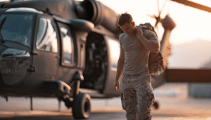 A National Guard helicopter pilot walking away from a UH-60 Black Hawk, wearing a tan t-shirt and camouflage pants while carrying a jacket, symbolizing the transition from a flight mission back to civilian life.