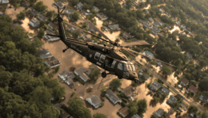 A National Guard UH-60 Black Hawk helicopter performs a hoist rescue during a state-side disaster response, showcasing the critical life-saving mission and advanced training of citizen-soldier aviators.