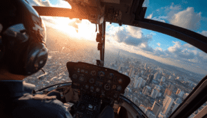 A detailed view of the advanced glass cockpit dashboard in an offshore helicopter, showing navigation screens and flight data during a transit over a city.