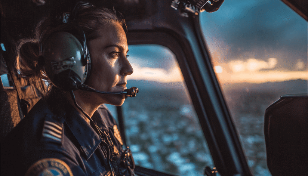 A police helicopter on a low-altitude urban patrol over a city at night, its searchlight active, demonstrating the air support role in monitoring city streets and assisting ground units.