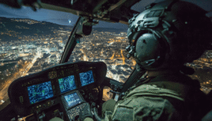 A police helicopter on a tactical night mission, flying low over an urban area with its searchlight piercing the darkness and illuminating the streets below.