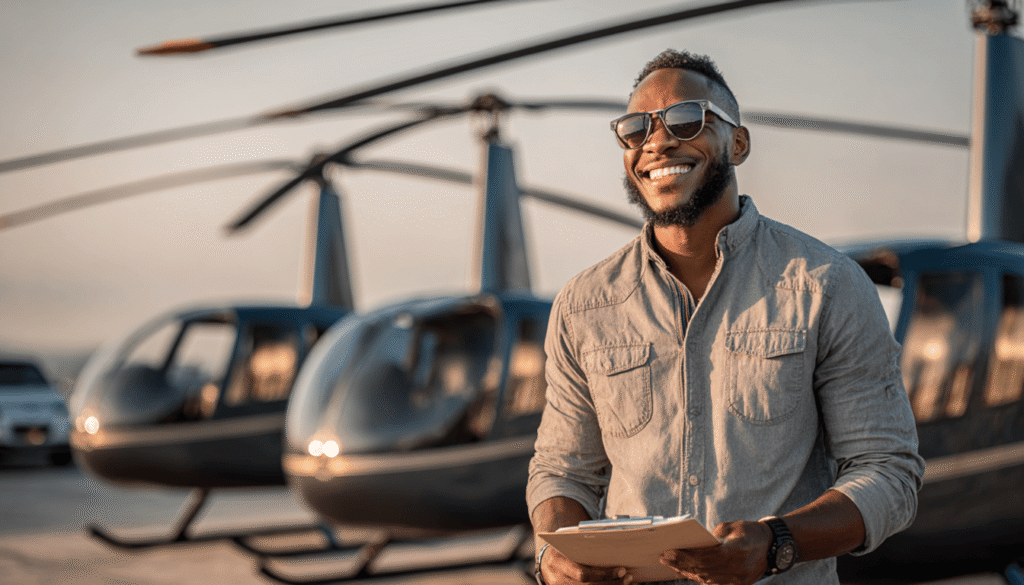 A successful tour helicopter business owner and pilot, standing confidently in front of their aircraft, reviewing a schedule, representing the high earning potential of entrepreneurship in the aviation tourism industry.