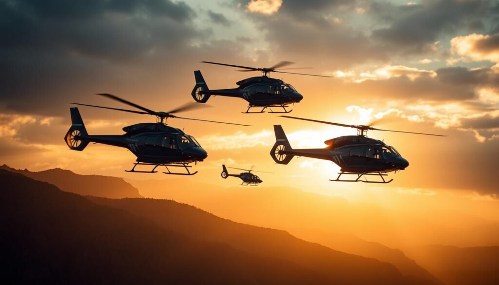 A fleet of sleek Airbus helicopters, the H125/AS350 and AS365 Dauphin, soaring gracefully against a dramatic sky. The aircraft's iconic silhouettes are bathed in warm, golden light, casting long shadows across the rugged terrain below. Blades spinning in a blur, the helicopters appear poised for action, ready to transport troops or provide aerial support. The scene conveys a sense of power and precision, showcasing the impressive capabilities of these versatile military-grade platforms. The composition emphasizes the clean, aerodynamic lines of the airframes, highlighting their engineering excellence and suitability for a wide range of operational scenarios.